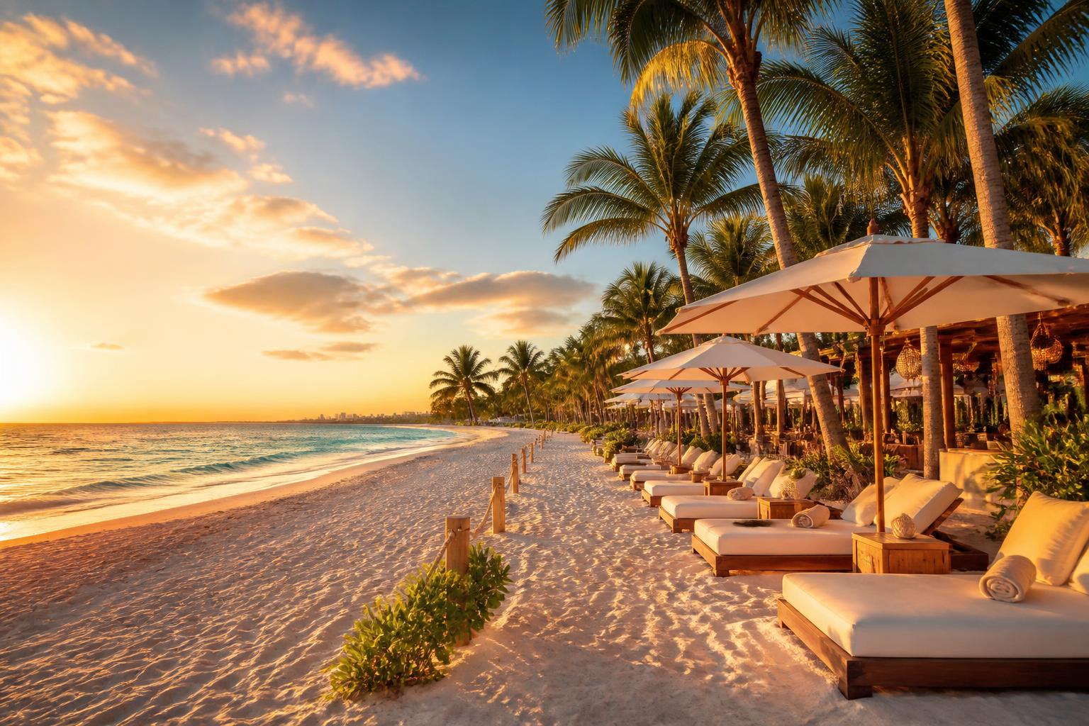 South Florida beach at golden hour with palm trees and turquoise water