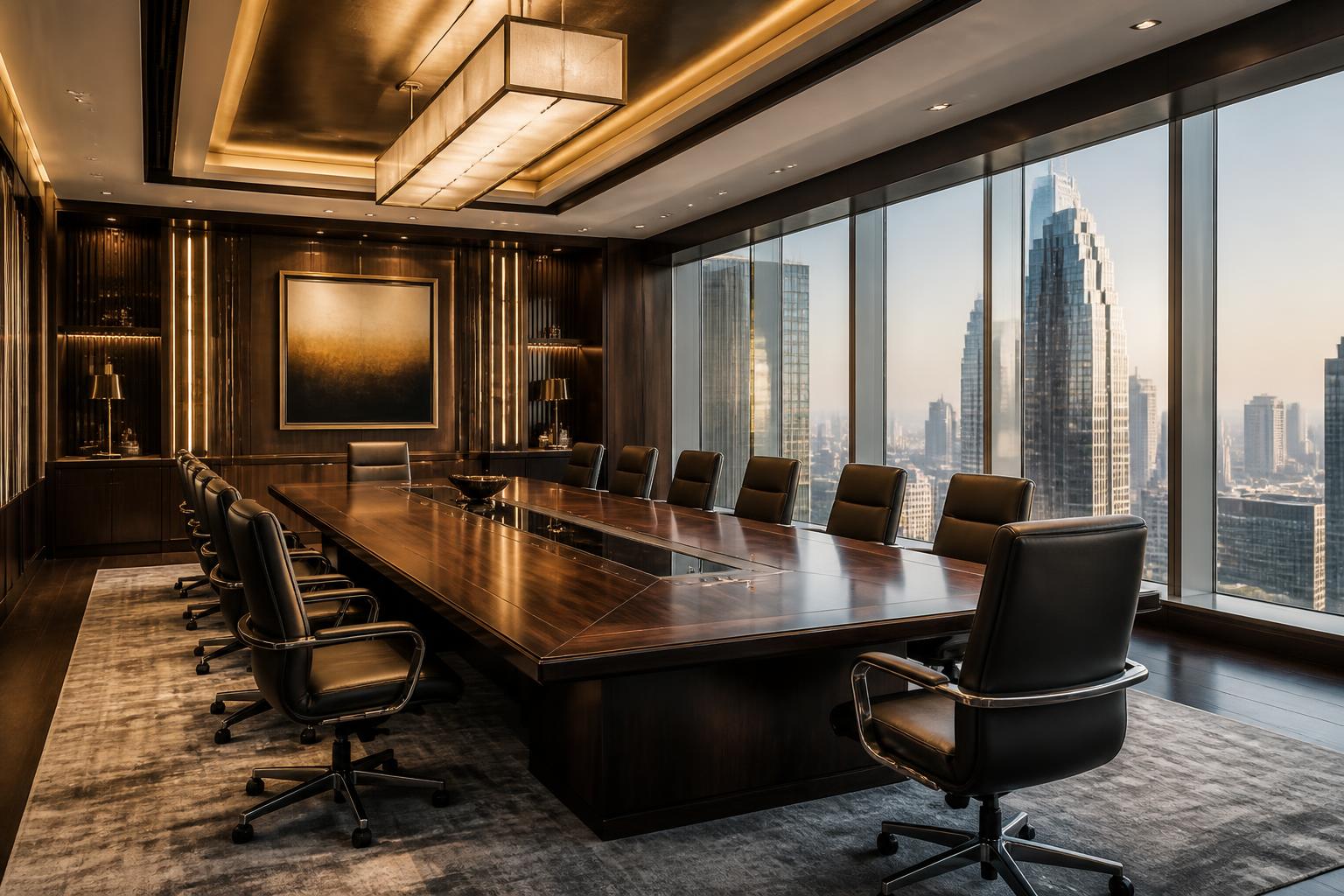 Executive boardroom with floor-to-ceiling windows over a city skyline
