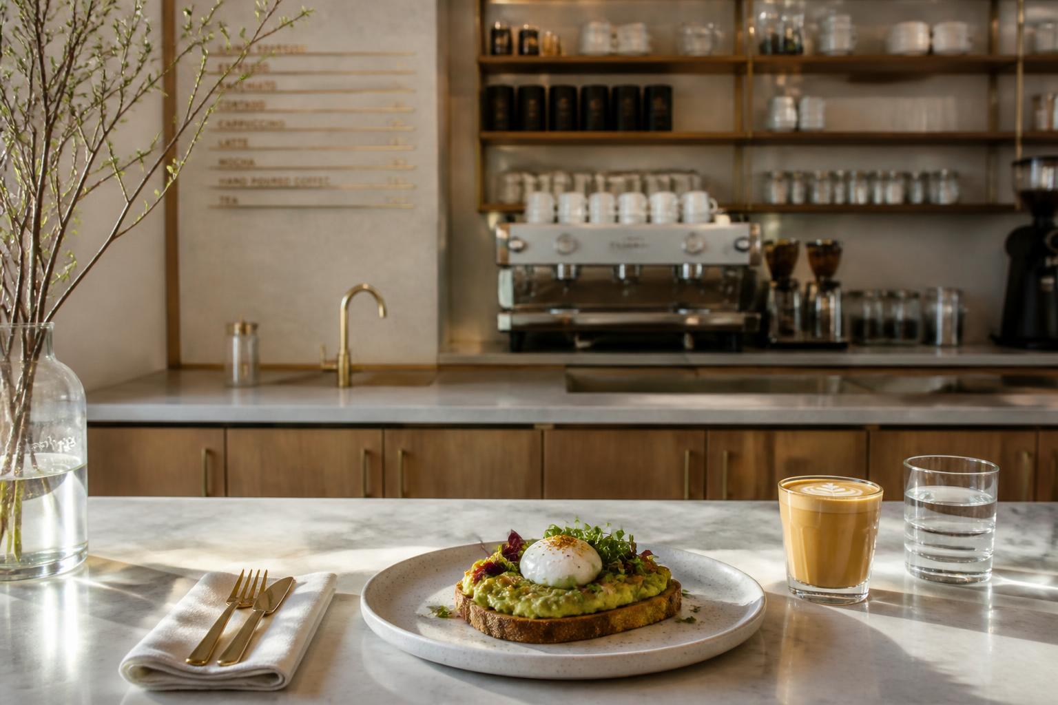 Modern upscale cafe with espresso bar and marble counter