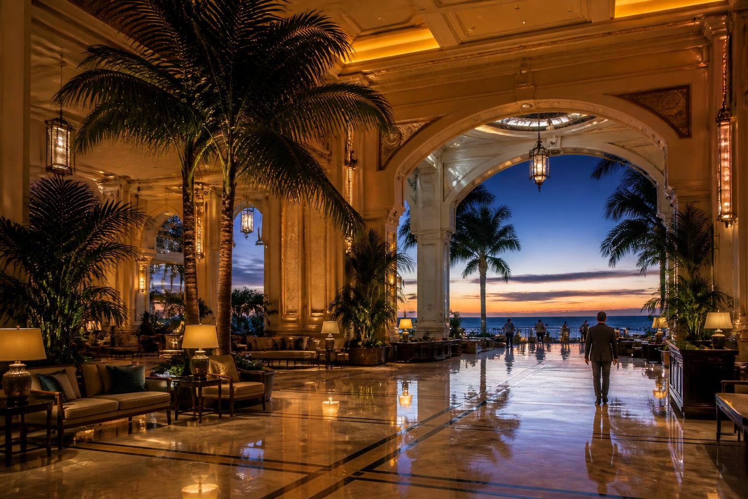 Luxury oceanfront resort lobby with marble floors and palm trees at dusk