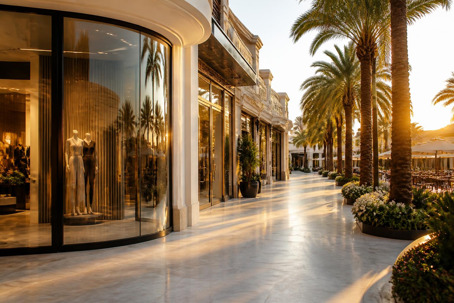 Luxury open-air shopping district with designer boutiques and palm trees