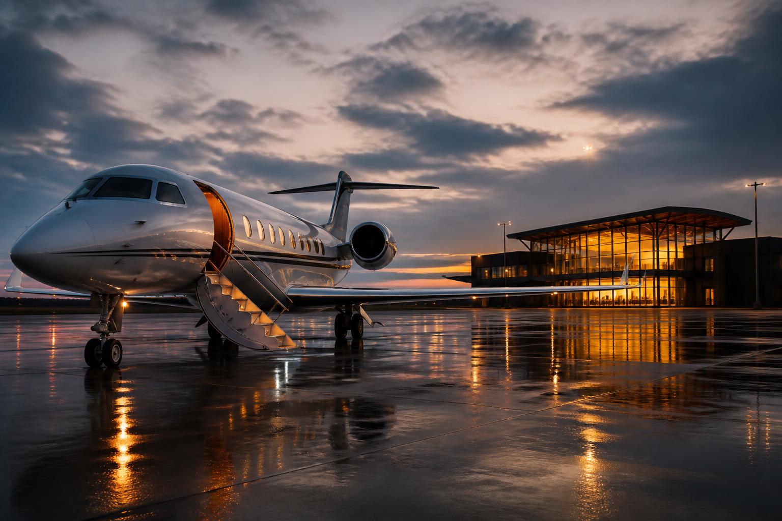 Private jet on the tarmac at dusk with airstairs down