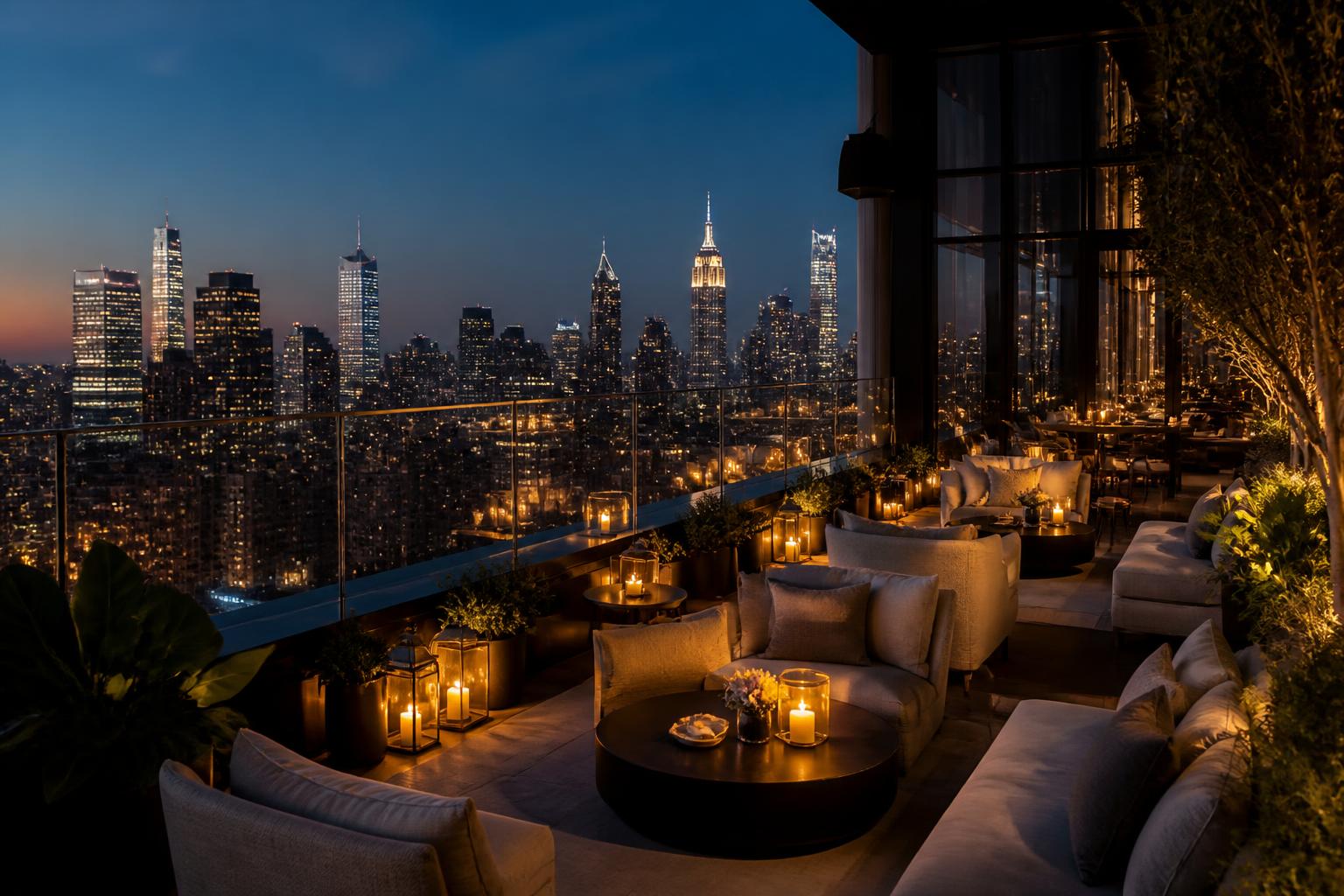 Luxury rooftop lounge overlooking a city skyline at twilight