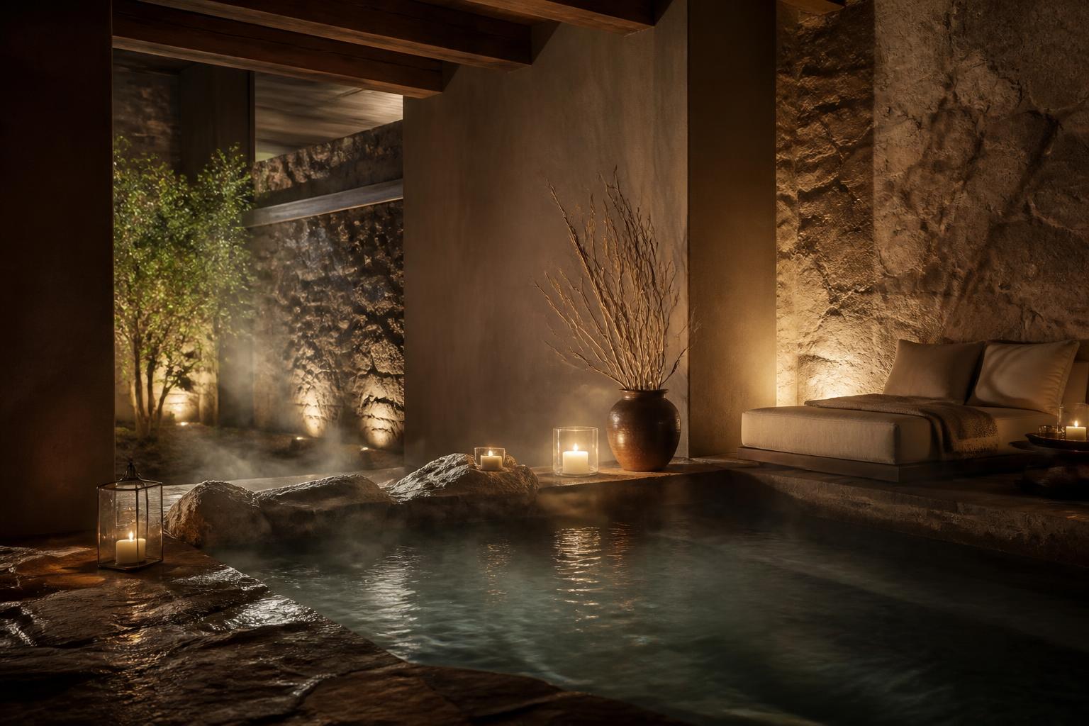 Luxury resort spa with candlelight and a warm plunge pool