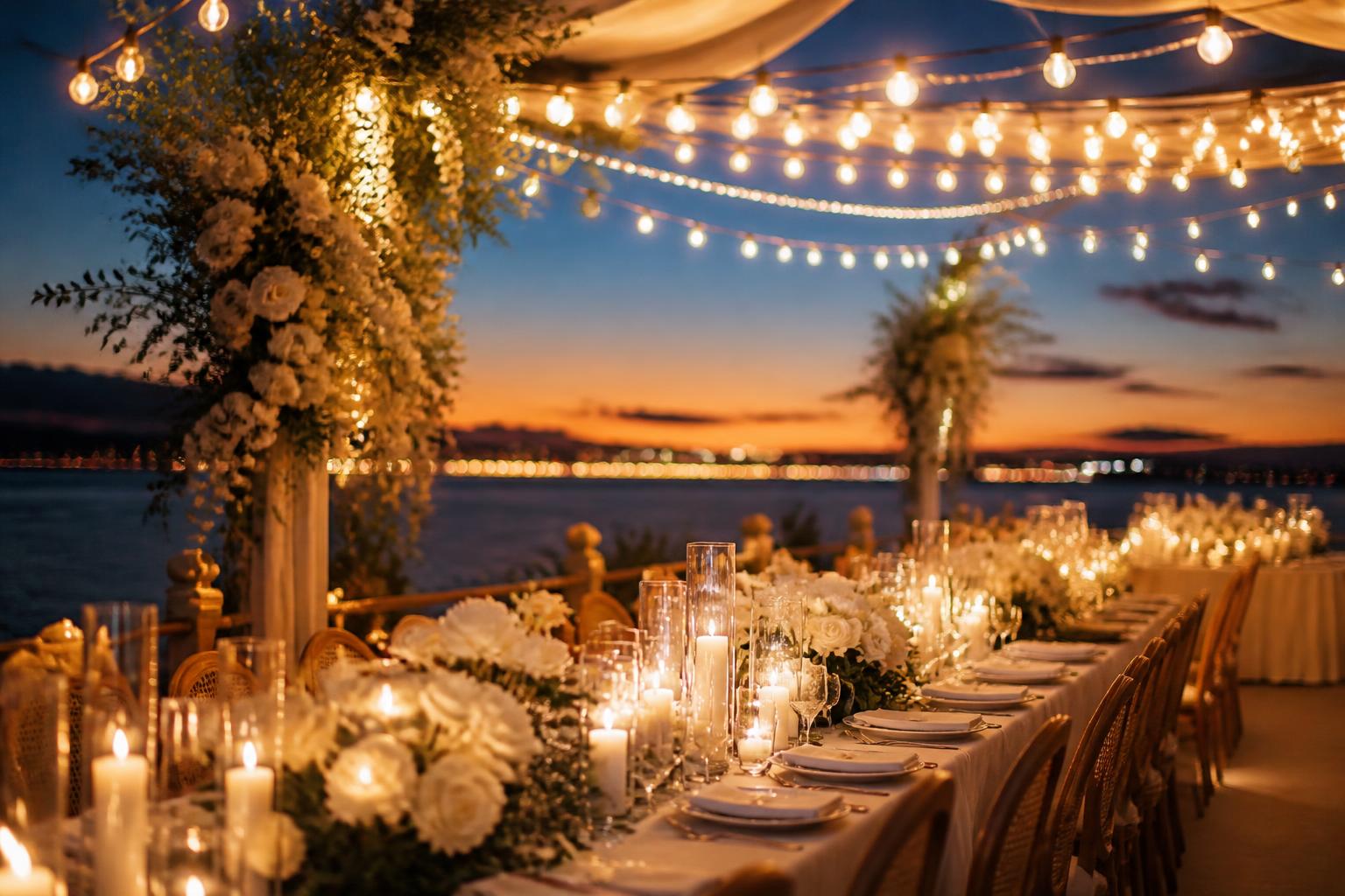Elegant waterfront wedding reception at dusk with string lights