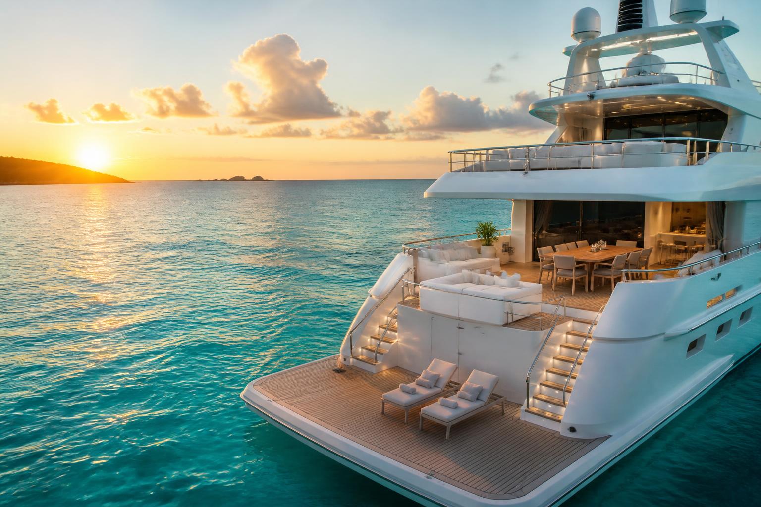 Luxury white superyacht anchored in turquoise water at sunset