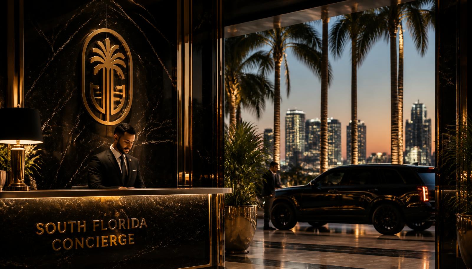 Luxury South Florida hotel concierge desk at dusk with a black chauffeured SUV waiting outside