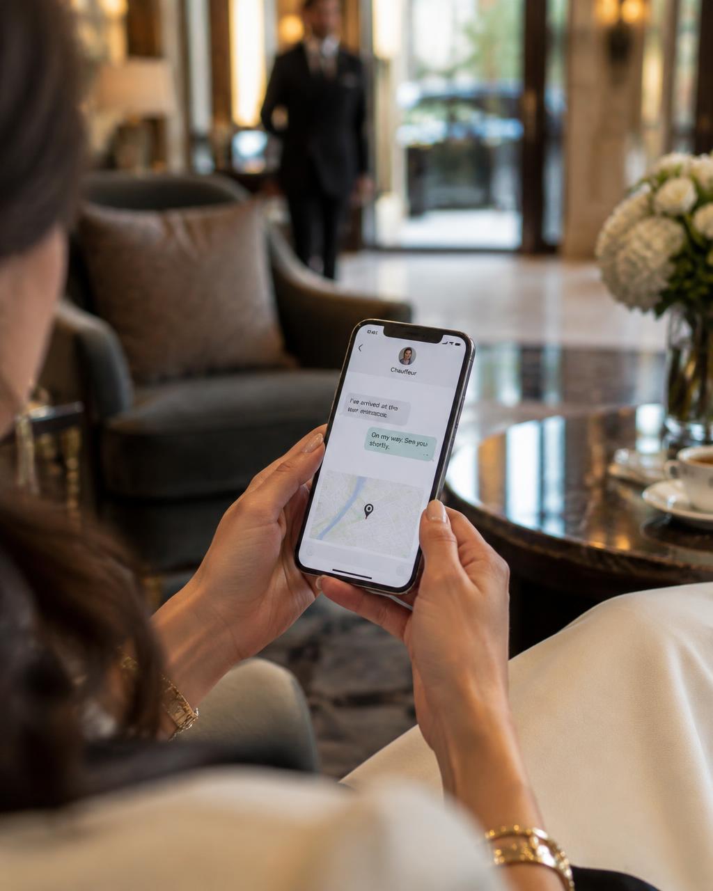 Passenger holding a phone showing a message conversation with her chauffeur and a location pin