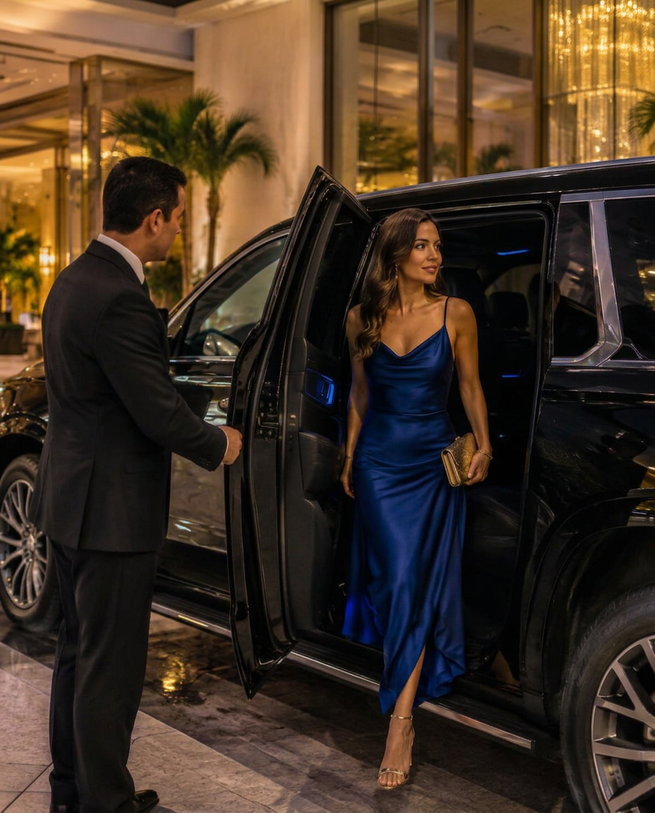 Professional chauffeur assisting a passenger from a black executive SUV at a luxury hotel