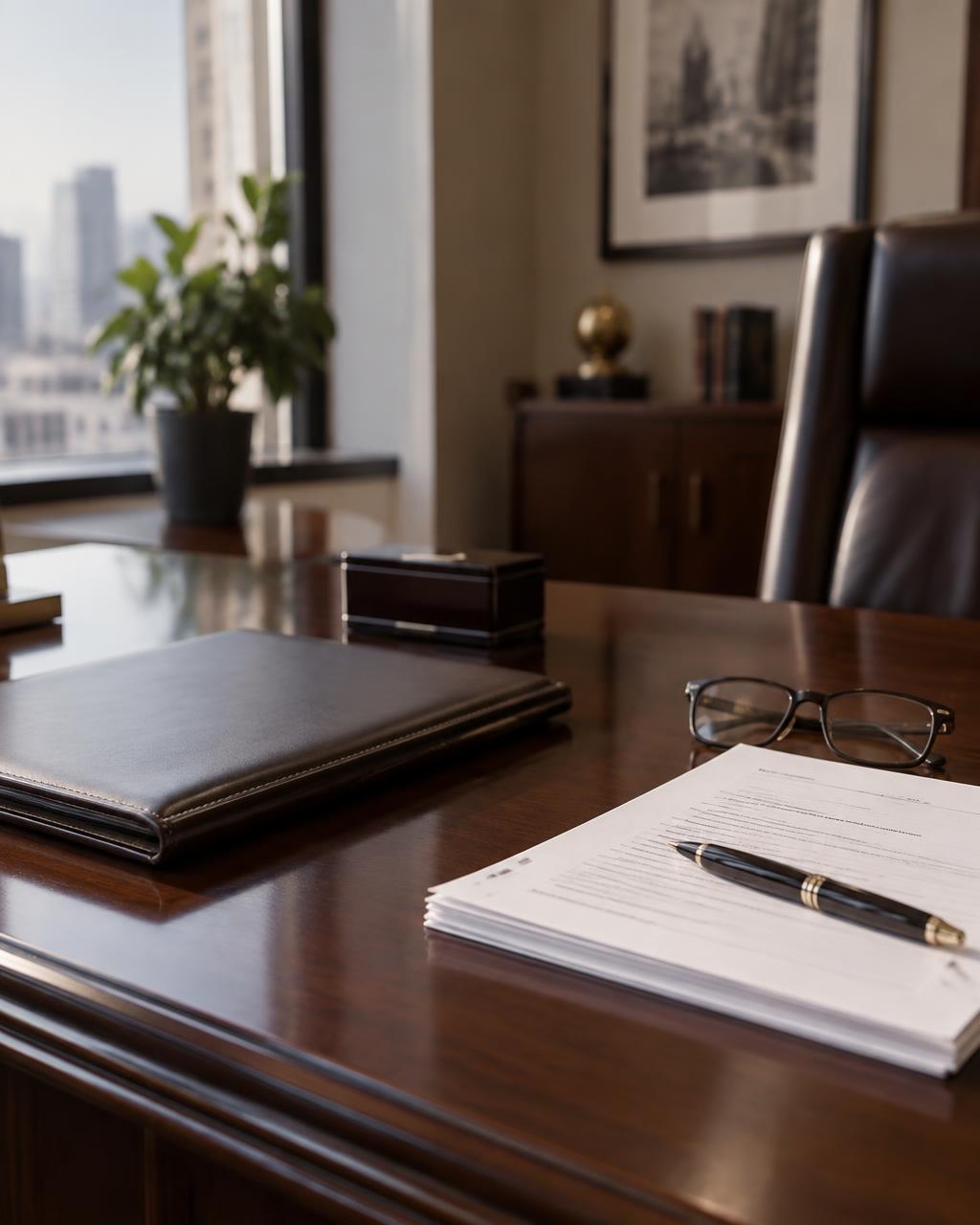 Executive office desk with a leather document folder, business paperwork and a pen