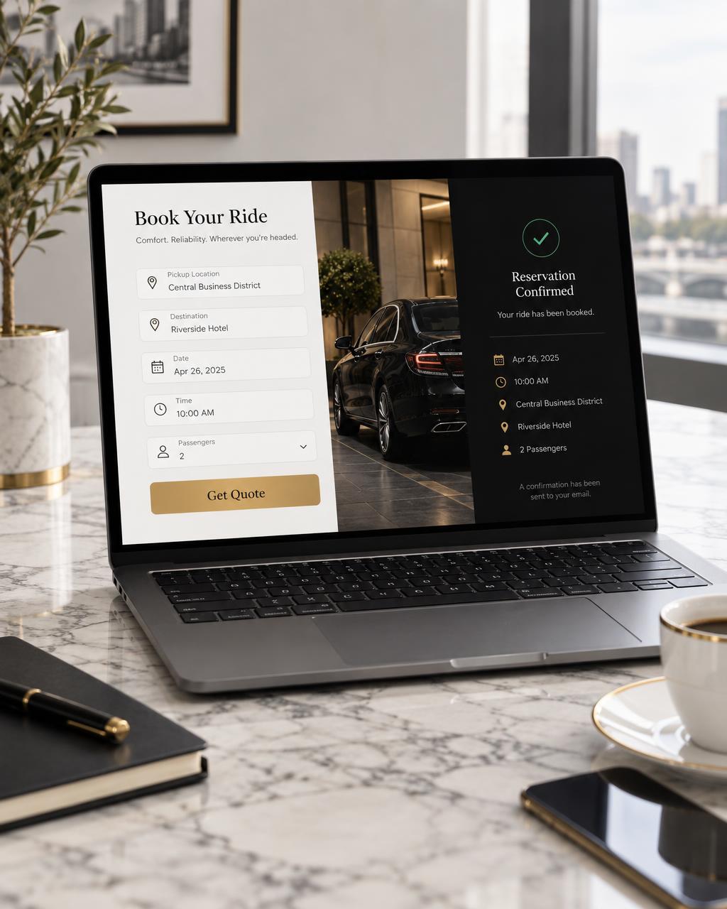 Laptop showing an online chauffeur booking form with a quote action and a confirmed reservation