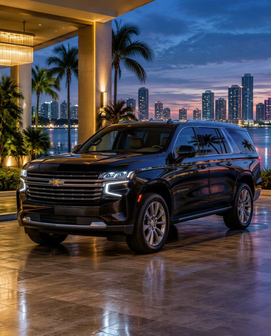 Realistic black 2026 Chevrolet Suburban LT at a South Florida waterfront hotel