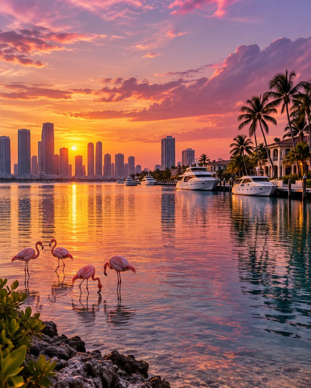 South Florida coastal panorama with skyline, yachts, palms, and flamingos at sunset